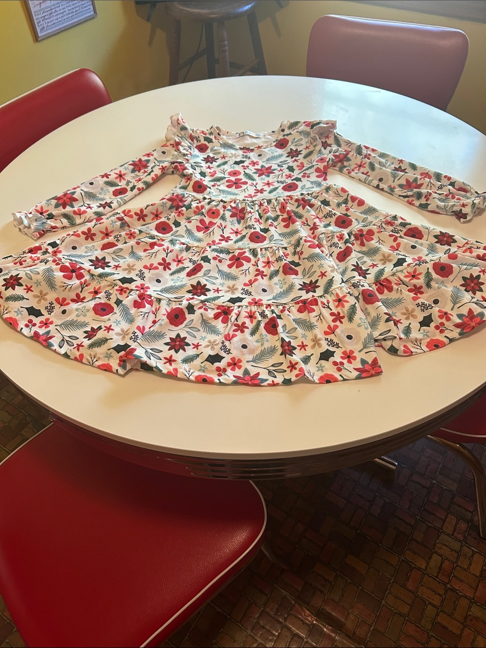 Girls' Floral Tiered Long-Sleeve Dress - White with Red & Green Floral